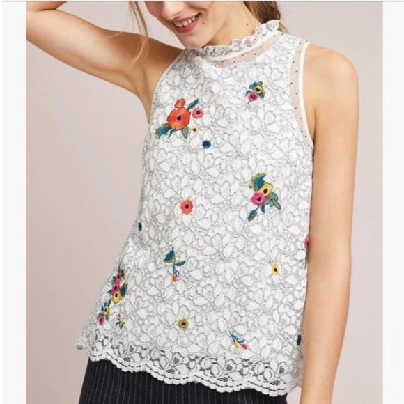 Anthropologie Tops - NEW Anthropologie Maeve Macie Floral Lace Ruffle Neck Sequin Embroidery Top - 10